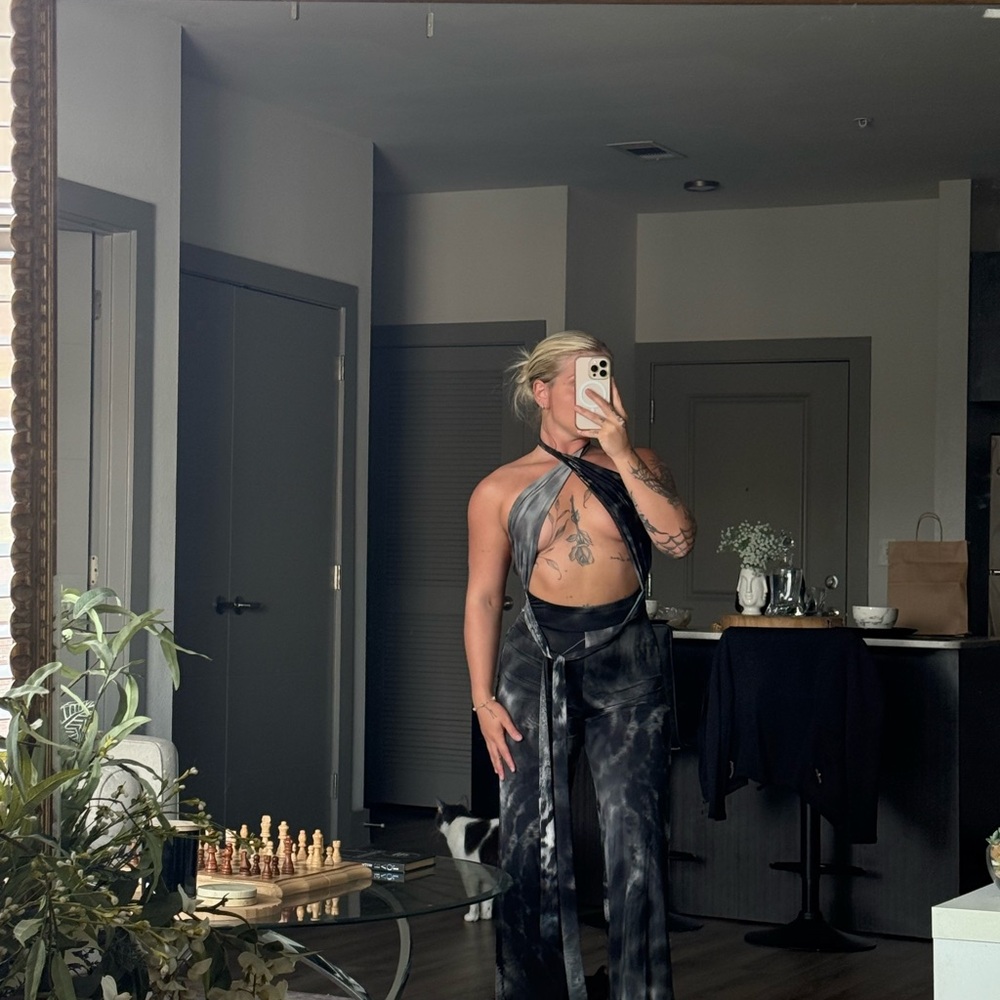 Black and Gray Tie-Dye Halter Jumpsuit